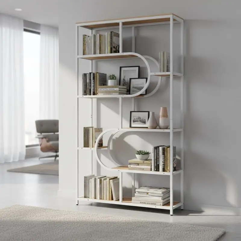 8-stöckiges Bücherregal, Modernes Regalmodul mit Offenen Regalen, Freistehendes Hohes Regal im Natürlichen U-förmigen Design Image