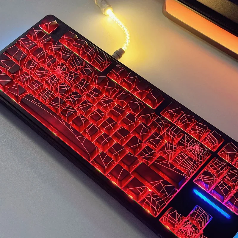 Schwarze Spinnenlinie, seitlich gravierte, durchscheinende Tastenkappen, Kirsch-Tastenkappen, mechanische Gaming-Tastatur, Persönlichkeit, individuelle Tastenkappen Image