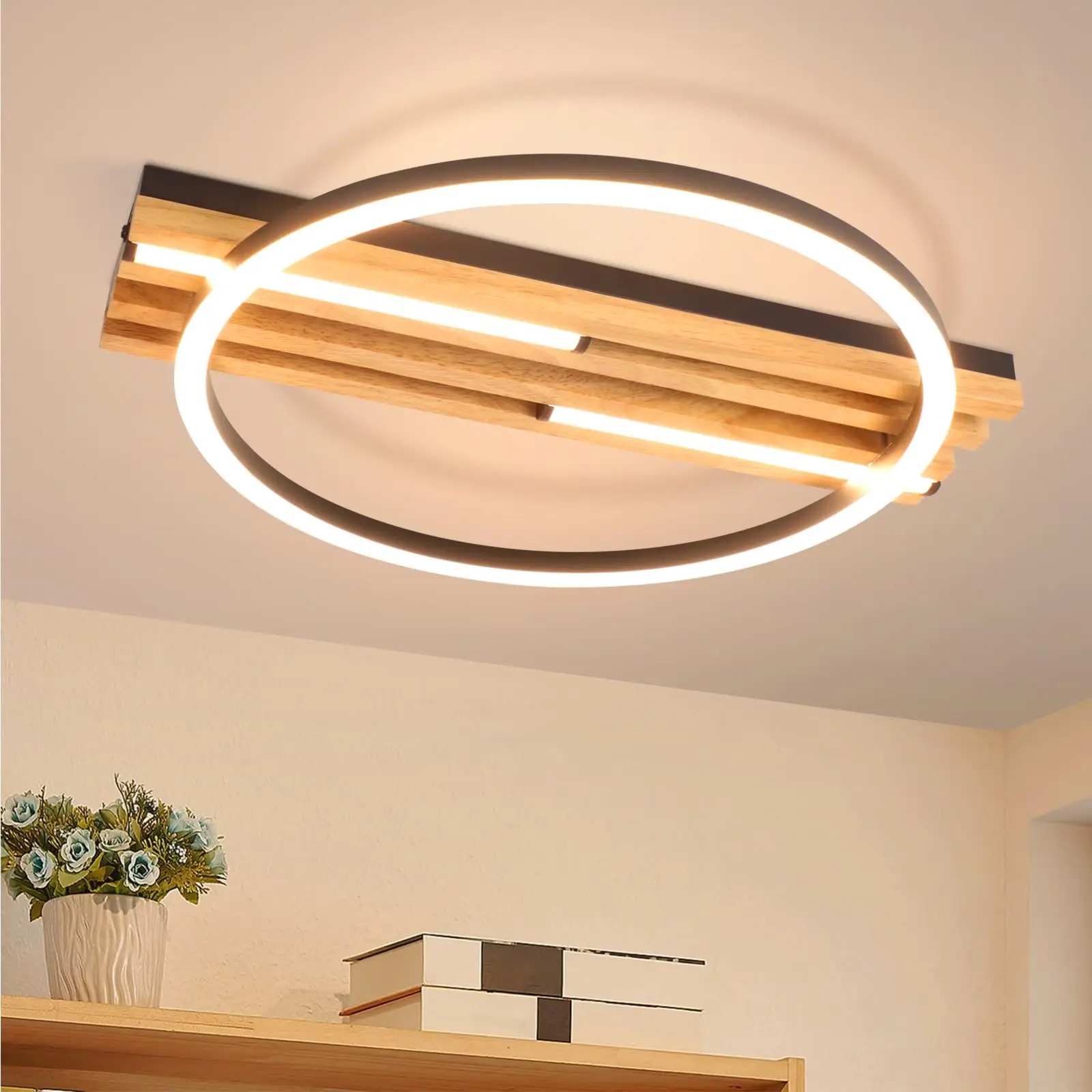 LED Deckenleuchte Holz Deckenlampe:24W 38cm Schlafzimmer Küche 3000K Warmweiß Schwarz Ring Schlafzimmerlampe Modern Design Küchenlampe für Wohnzimmer Büro Esszimmer Treppenhaus Lampe Image