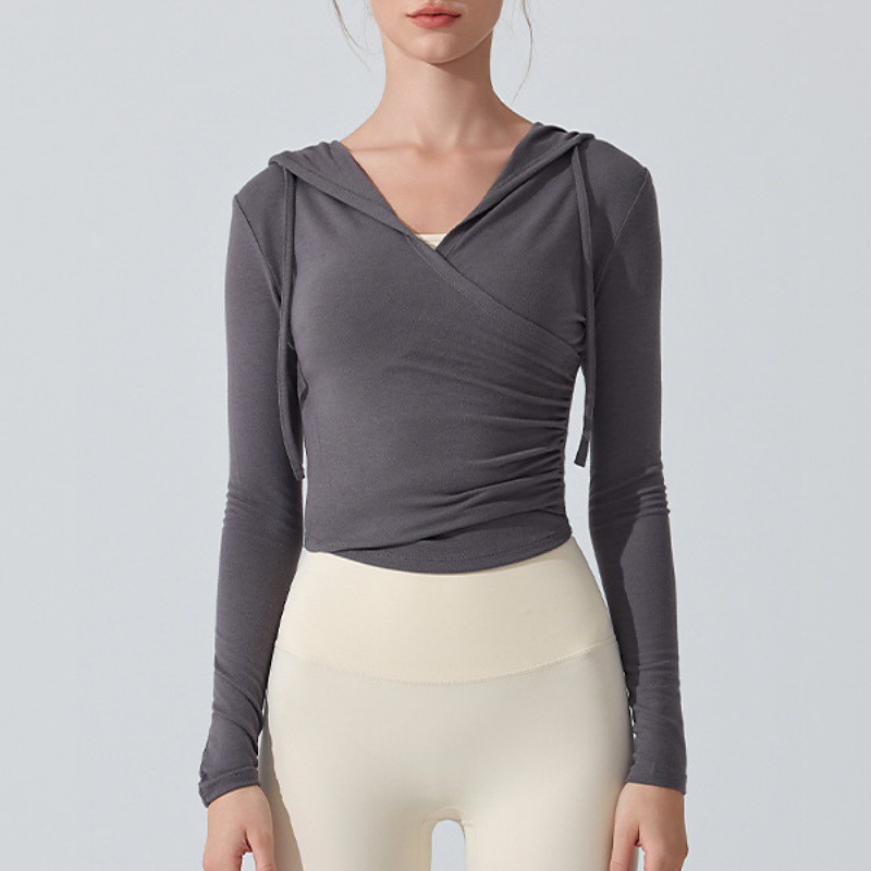 Women's pilates top Yoga Shirts Yoga Tops V-neckline Skin Friendly Lightweight Comfortable Drawstring Long Sleeve Sports Solid Color Top For Gym Workout Running Fitness Activewear