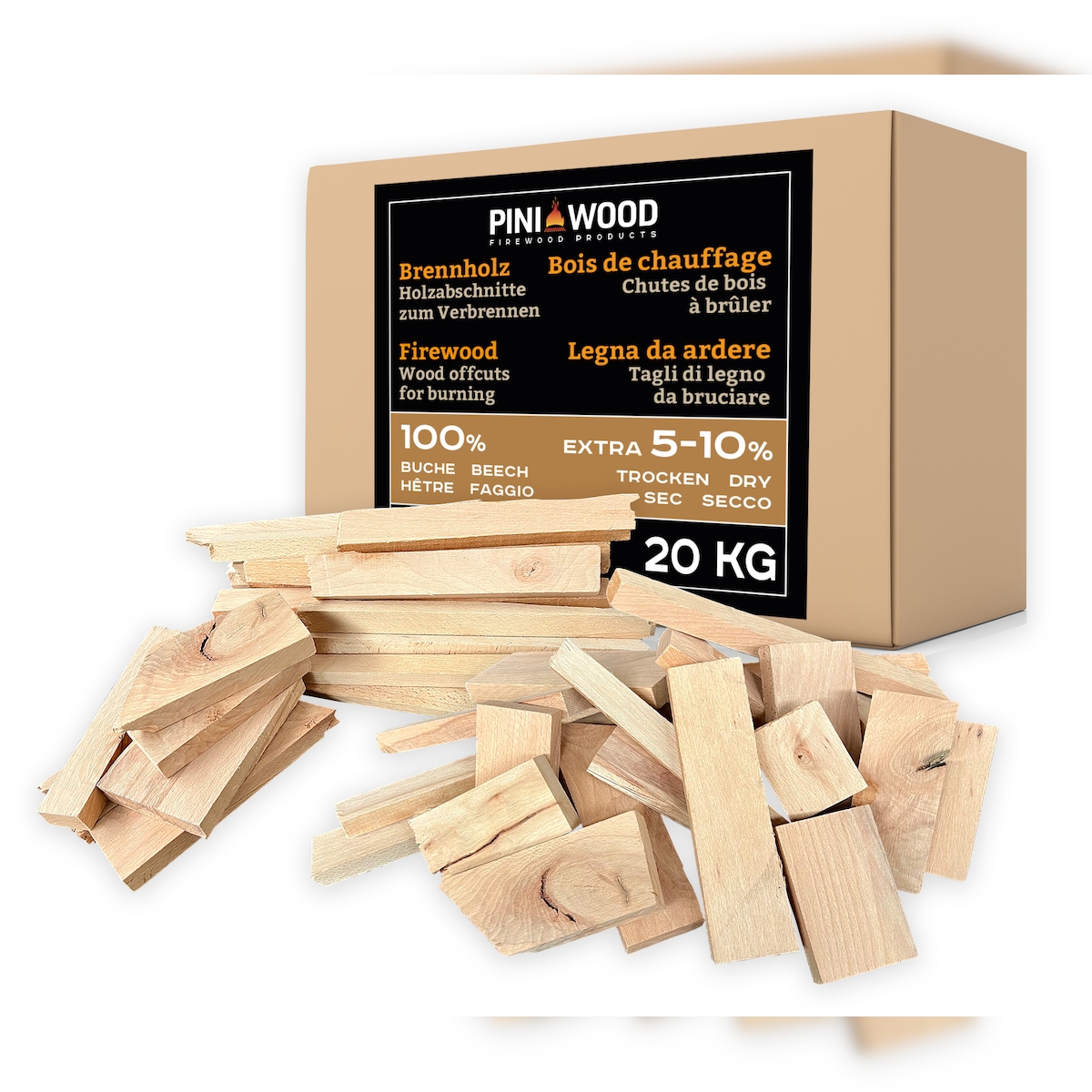PINI Brennholz 100% Buche kamergetroknet Holzabschnitte Feuerholz für Feuerschale Kamin Ofen Grill 20 kg Image