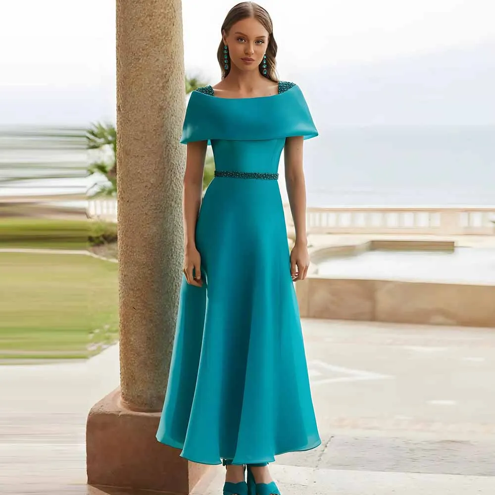 Customized Wedding Mom Dress Organza A-line Bridal Dress Turquoise Square Neck Pearls Bow Ruched Groom's Mother Dress Midi 2025