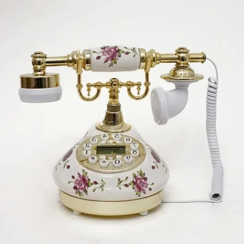 B-M Wired Telephone Home Electroplating Blue Screen Retro Telephone Rural Ceramic Antique Decoration Desktop Crafts