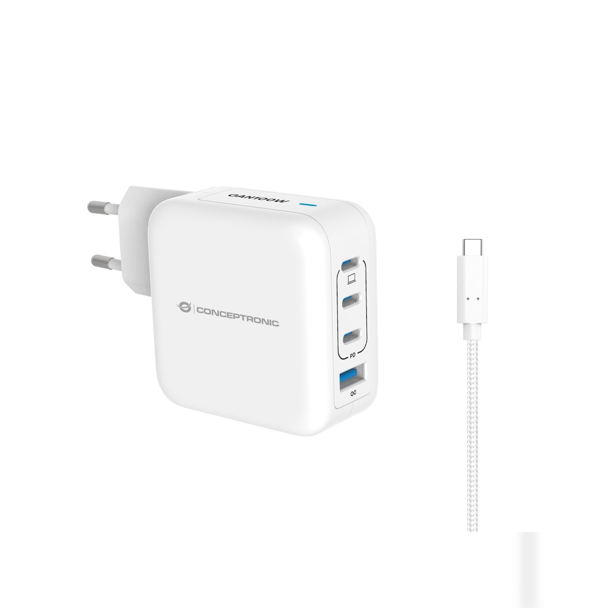 Conceptronic 4-Port 100W GaN USB-PD-Ladegerät mit USB-C-Ladekabel, USB-C x 3, USB-A x 1, QC 3.0, PPS, Drinnen, AC, 20 V, 1,5 m, Weiß Image
