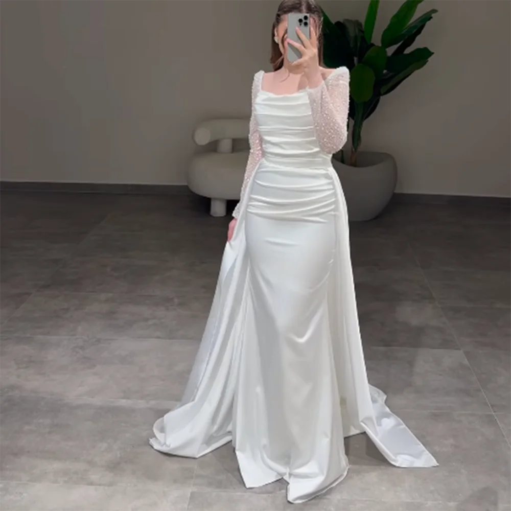 Customized White Straight Mermaid Prom Dresses Floor-Length Square Collar Full Sleeve Evening Gown Fashion Beading Pleat Draped