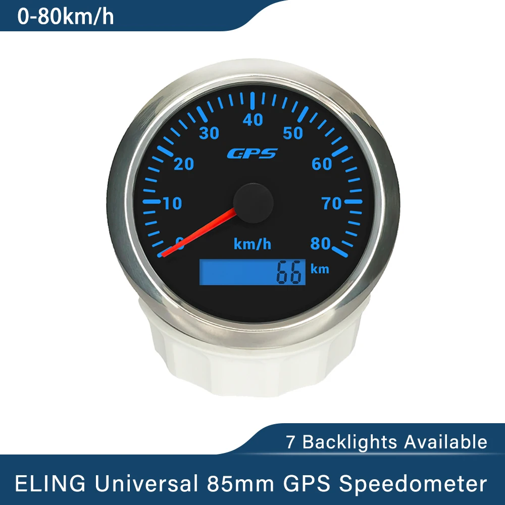 ELING Universal Waterproof 85mm (3 3/8'') GPS Speedometer Odometer 0-80km/h with 7 Color Backlights for Truck Boat Car 12V 24V