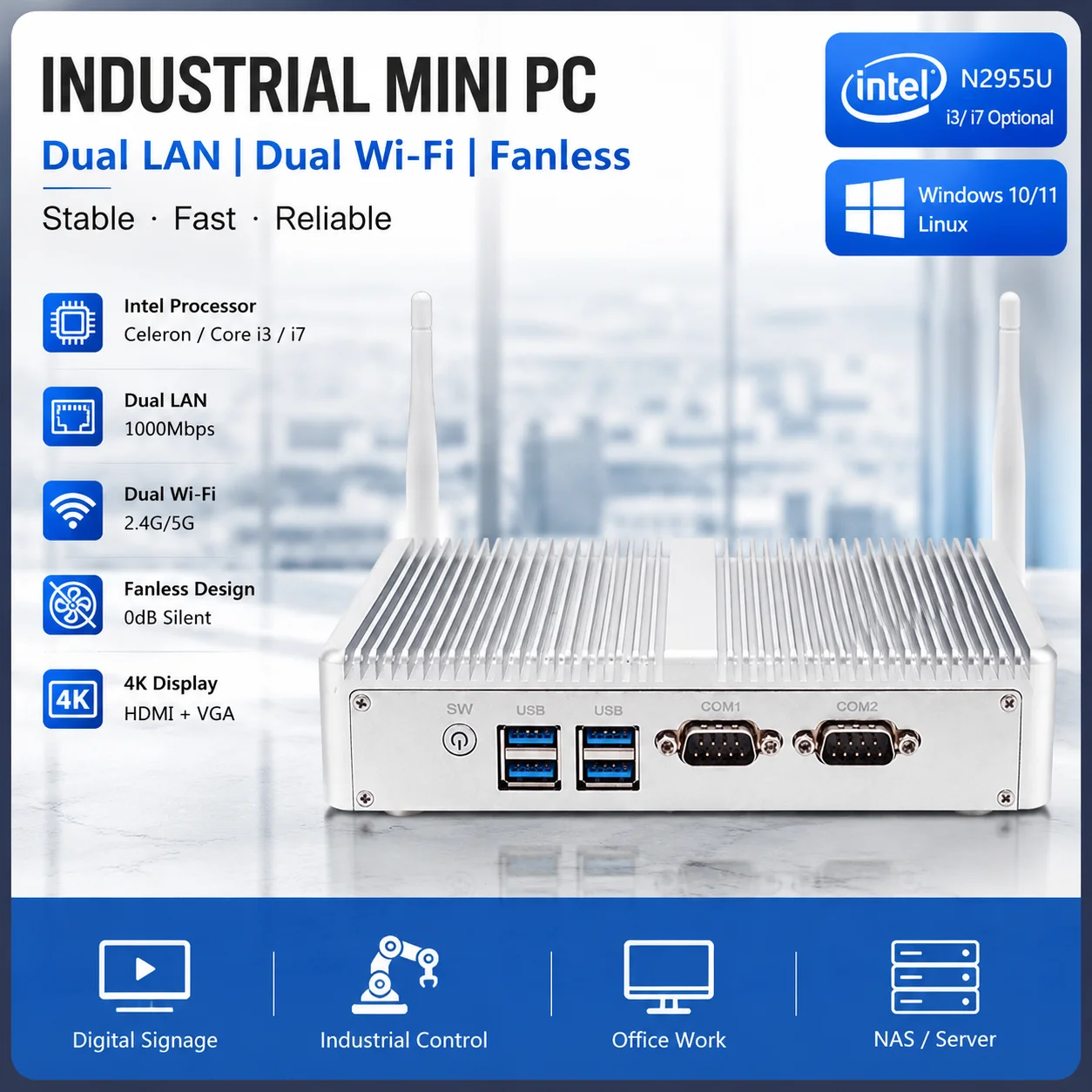 Eglobal Fanless Mini PC Industrial Desktop Computer Windows 10 Intel Celeron 2955U 1.4GHz DDR3L mSATA VGA HDMI