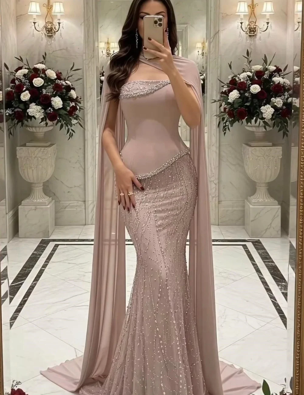 Customized Classic Chiffon Pleat Sequined Mermaid Strapless Long Evening Dresses Luxury 2025 Elegant Chinese Style