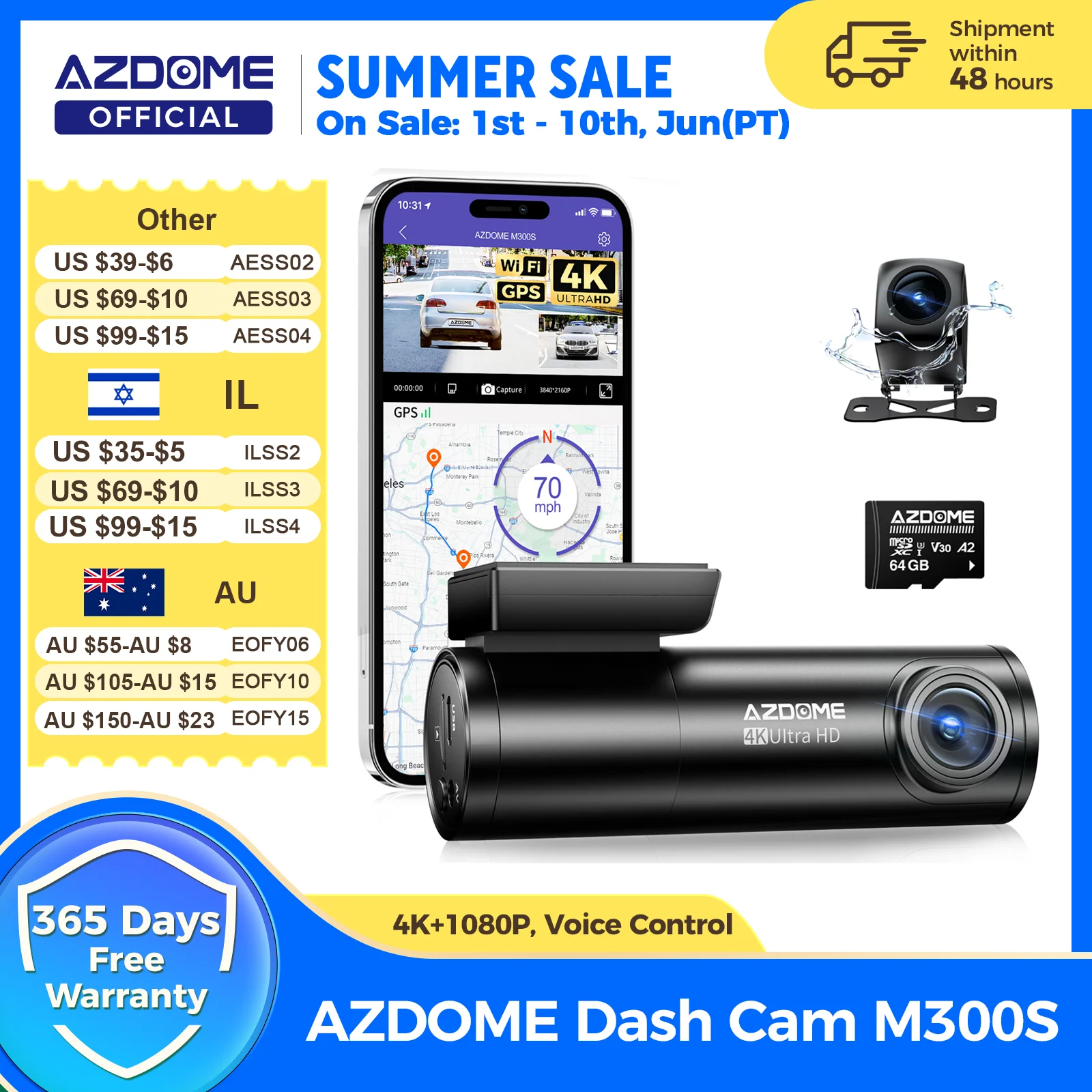 AZDOME M300S 4K Dash Cam Front and Rear, Built-in ADAS WiFi GPS Dash Camera for Cars, Free 64GB Card, Voice Control, Night Visio