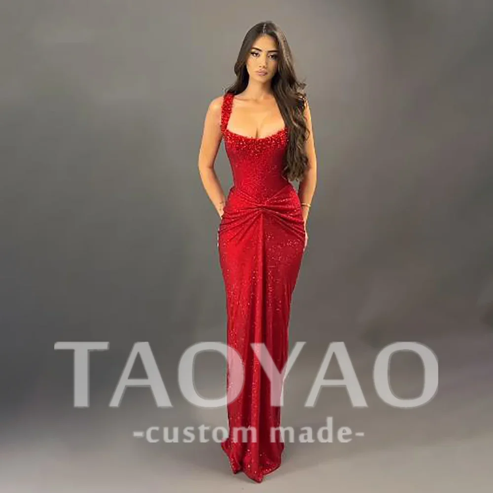 Red Sequin Party Dresses Mermaid Spaghetti Strap Square Collar Bespoke Occasion Gown Straight Backless Square Neck Long Dresses