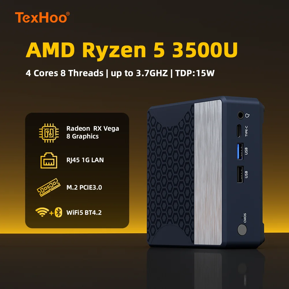 Texhoo MINI PC AMD Ryzen 5 3500U Windows 11 Pro 8G DDR4 2666Mhz 256G NVMe SSD Wifi5 BT4.0 Triple display desktop office computer
