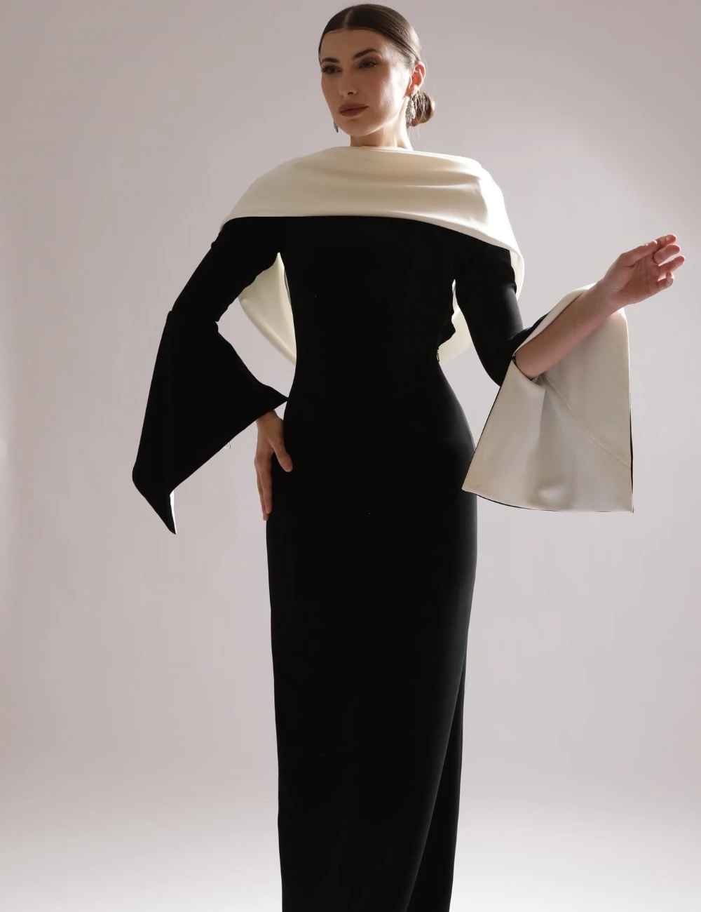 CustomizedMatching Jersey Pleat Straight Boat Neck Long Dresses Homecoming Retro Fashion Elegant Exquisite High Quality Simple