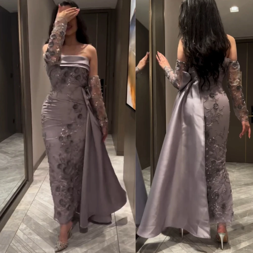 Customized S Pleat Applique Evening A-line Strapless Bespoke Occasion Gown Midi Dresses