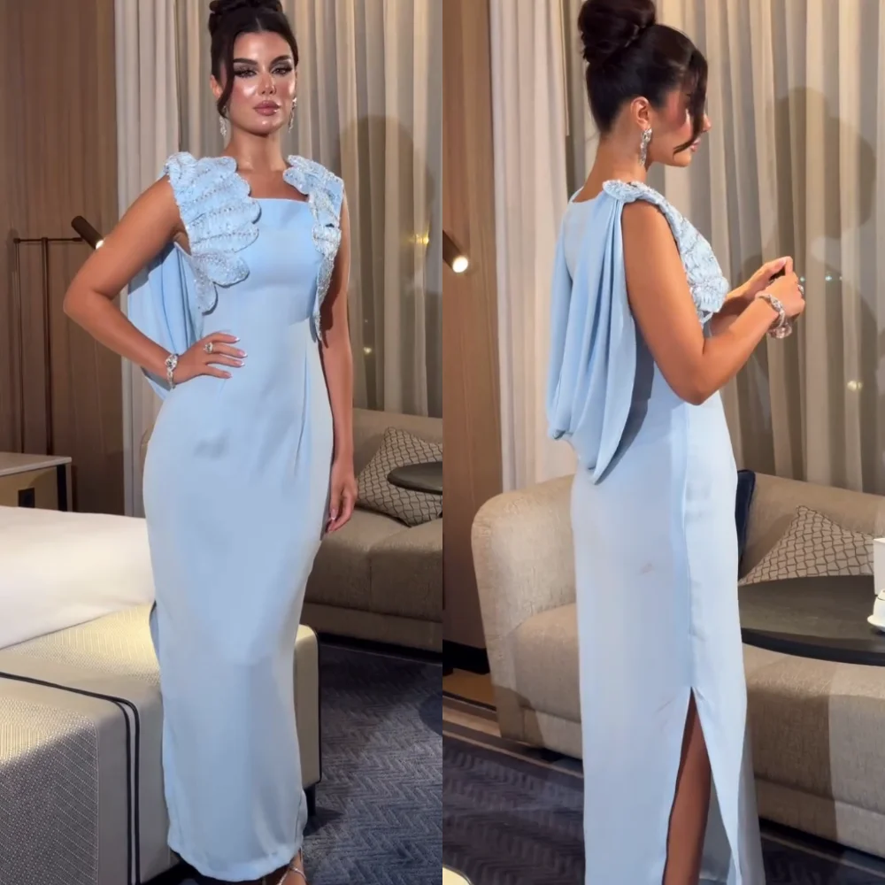 Customized Jersey Draped Sequined Square Neck Straight Midi Dresses Bespoke Occasion Formal Party Classic Simple Exquisite