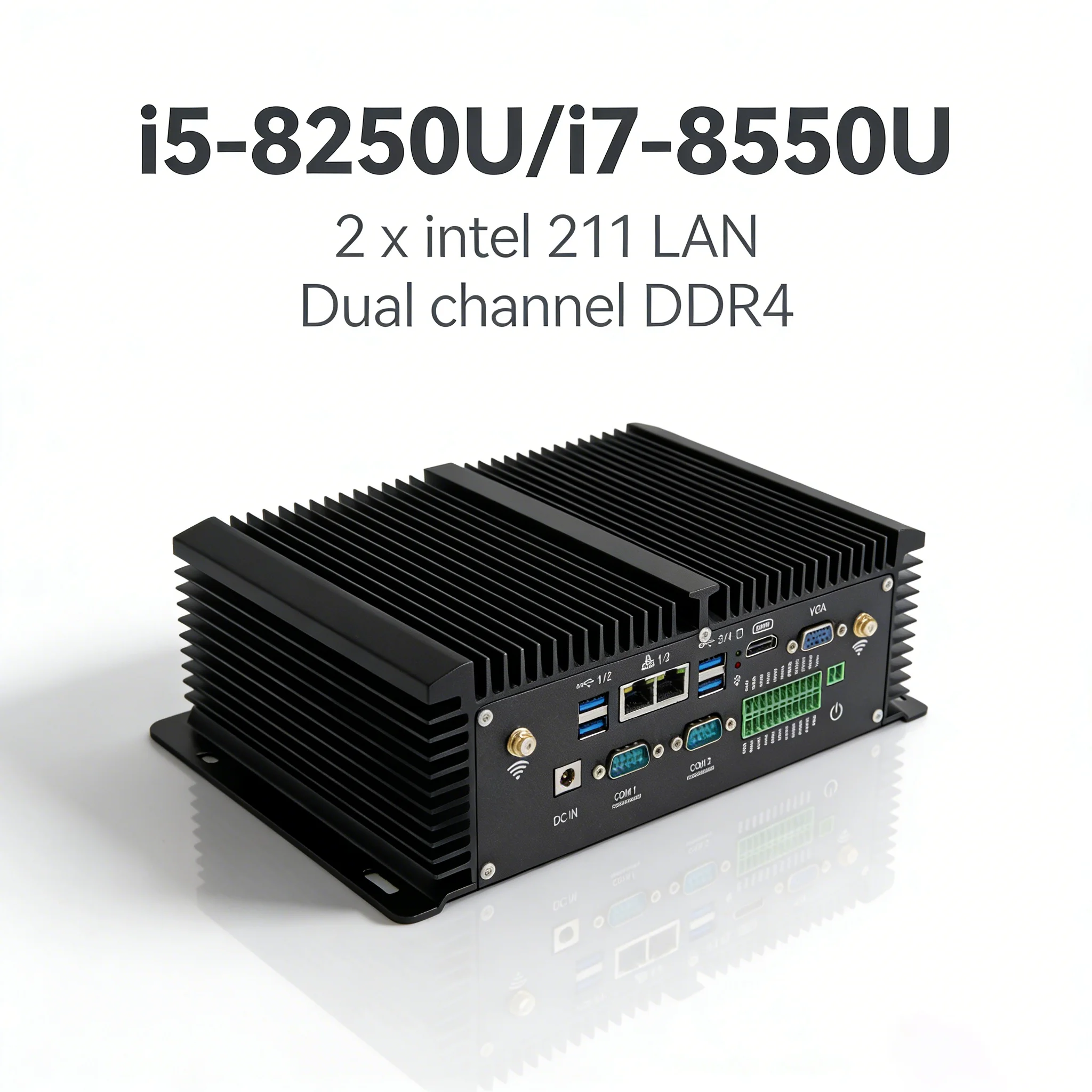 Industrial Fanless Mini PC i7 8550U i5 8250U Quad Core 2*DDR4 2*COM Windows 11 Pro Linux Rugged Computer Desktop VGA HDMI WiFi