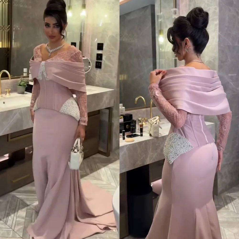 Customized Simple Jersey Pleat Sequined Trumpet V-neck Long Dresses Bespoke Occasion Celebrity Chinese Style