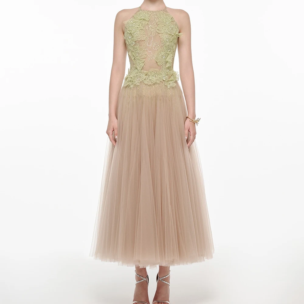 Customized A-line Evening Dresses Tea-length O-neck Sleeveless Prom Gown Fashion Lace Simple Draped Casual Party Gown