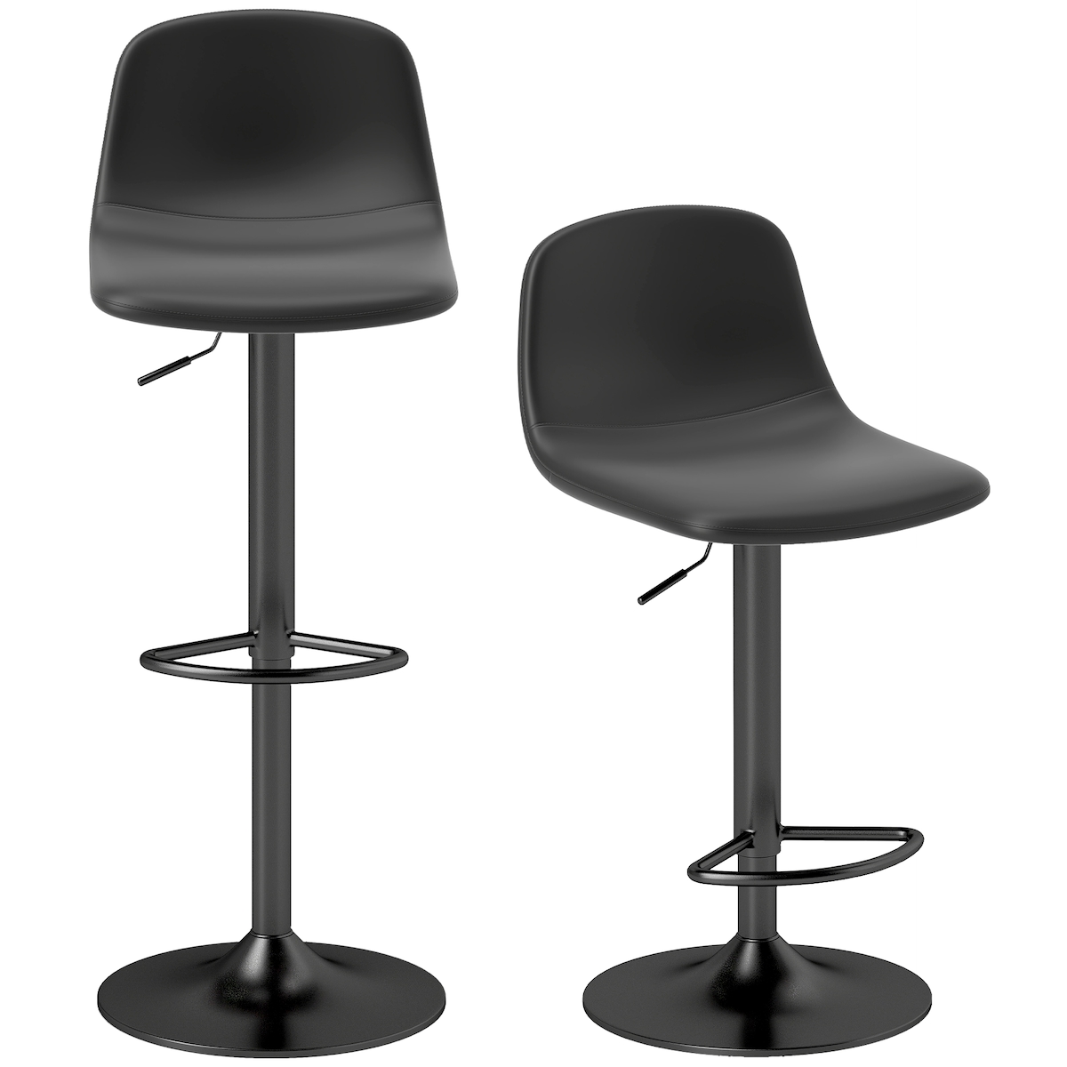 HOMCOM Set mit 2 höhenverstellbaren Barhockern (360° drehbar) mit Rückenlehne und Fußstütze für Küche, Bar oder Esszimmer, 40,5 x 44 x 84–104 cm, schwarz