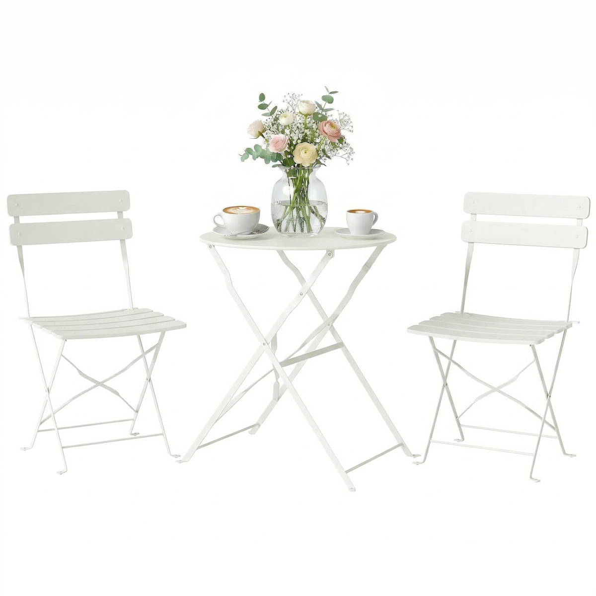 Outsunny 3-teiliges Garten Bistro Set Klappbar Bistrotisch mit 2 Stühlen Lamellen-Sitz Doppelt X-Beine Cremeweiß Image