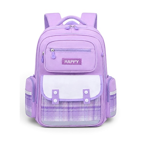Zaino scolastico a quadri per ragazze, zaino in poliestere capiente con molte tasche, zaino per studenti viola e rosa resistente all'acqua con strisce riflettenti per la scuola elementare scuola