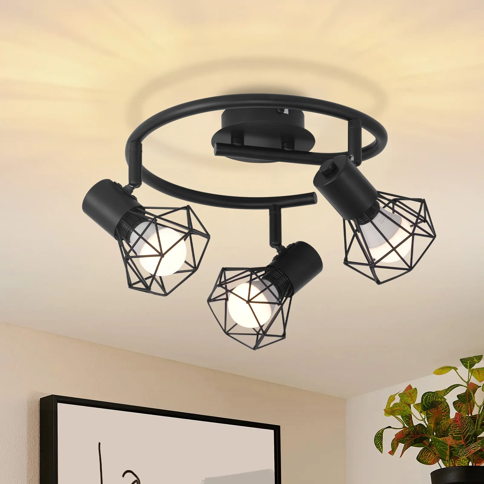 3-Flammige runde Deckenstrahler Schwarz Retro Industrie Deckenleuchte E14 330° Drehbar 90° Neigbar Wand-/Deckenlampe Mattes Metall Max 25W Ohne Leuchtmittel Spot für Küche Wohnzimmer Flur Schlafzimmer