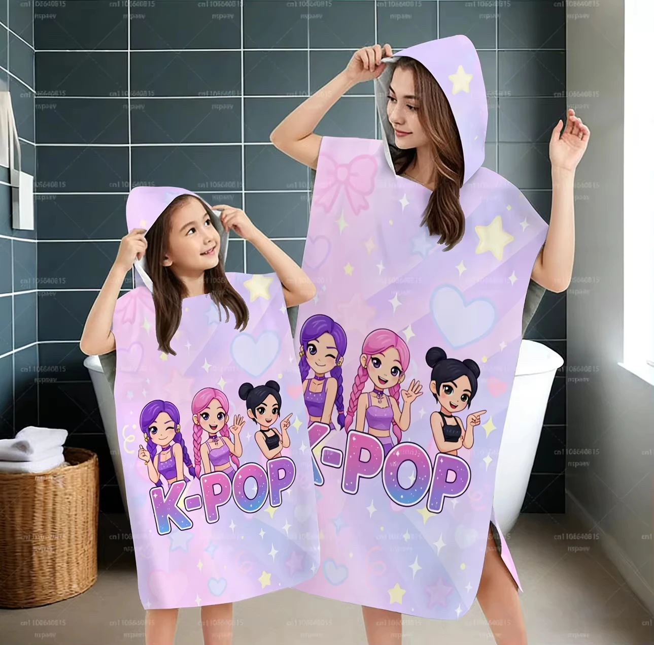 1 Stück K-Pop Idol Kapuzenhandtuch Einseitig 2D-Druck Mikrofaser Schnelltrocknender Poncho für Kinder Erwachsene für Bad Strand Pool Niedliches Kpop Image