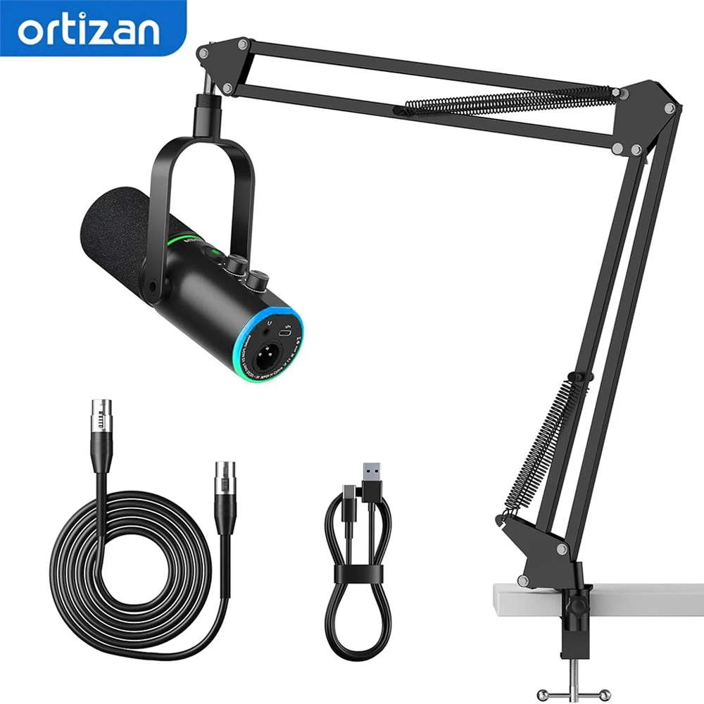 Ortizan Gaming XLR/USB-Mikrofon für YouTube, Podcast, dynamisches Mikrofon mit RGB-Licht/Stummschalttaste/Gain-Regler für PC, Tablet, Aufnahme Image