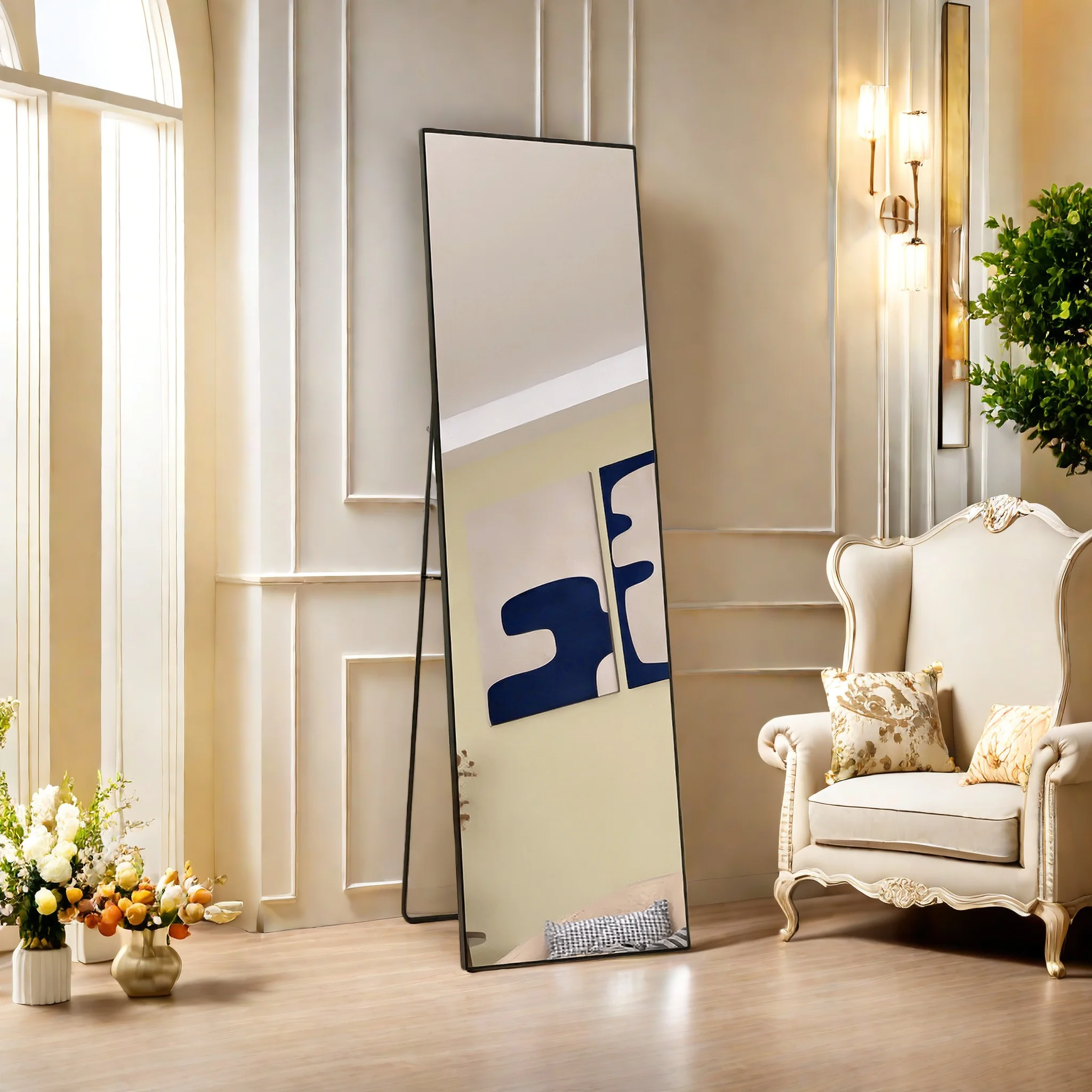 Comanlai 140×40 cm Ganzkörperspiegel, HD Großer Wandspiegel mit Aluminiumrahmen Metallständer Standspiegel für Wohnzimmer Schwarz