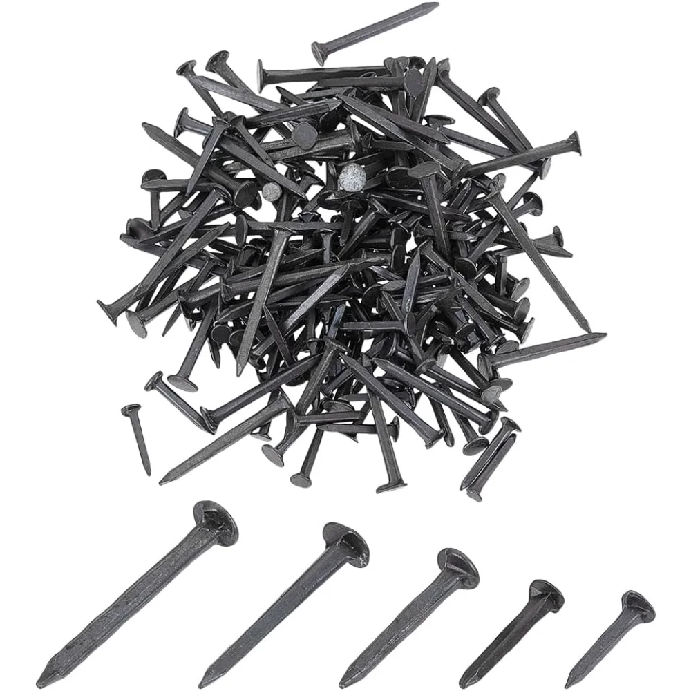 5 Größen schwarze Eisennägel (10/13/16/19/22 mm) für Schuhe, Stiefel, Metallnägel, Reißzwecken für Leder-Fersensohlen, Reparatur-Herstellungsset