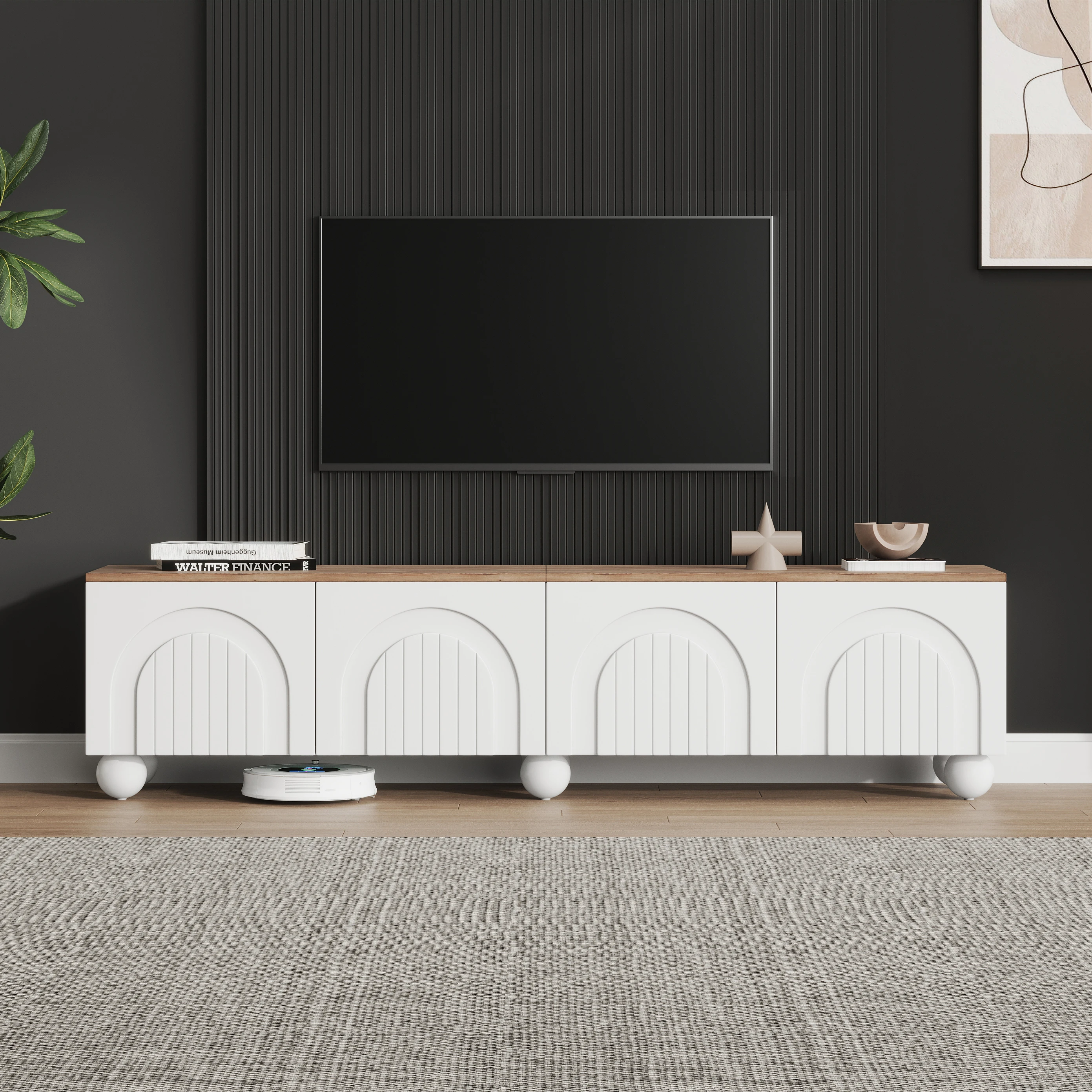 Meuble TV 180*40*45 cm. Comprend 4 étagères, un meuble/support TV, 6 pieds à billes et pieds en métal, un meuble bas/table TV, un meuble TV/un meuble TV avec tiroirs. Convient aux téléviseurs