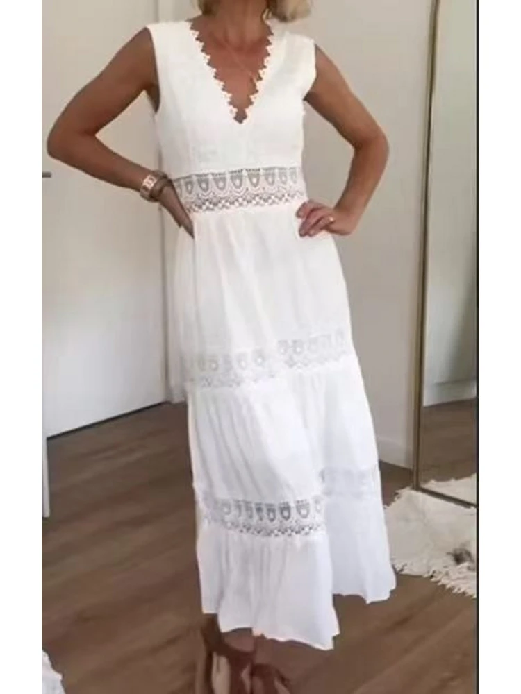 Sexy langes Strandkleid für Damen, ausgehöhlt, V-Ausschnitt, ärmellos, Bikini-Vertuschungen, Maxikleid, Herbst, rückenfrei, Urlaubskleid 2026 Image