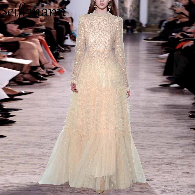 Seifrmann Rundhalsausschnitt, lange Ärmel, Pailletten, Nagelperlen, Taille, gerafftes Netz, Prinzessinnen-Stil, langes Kleid, Herbst 2025, Image