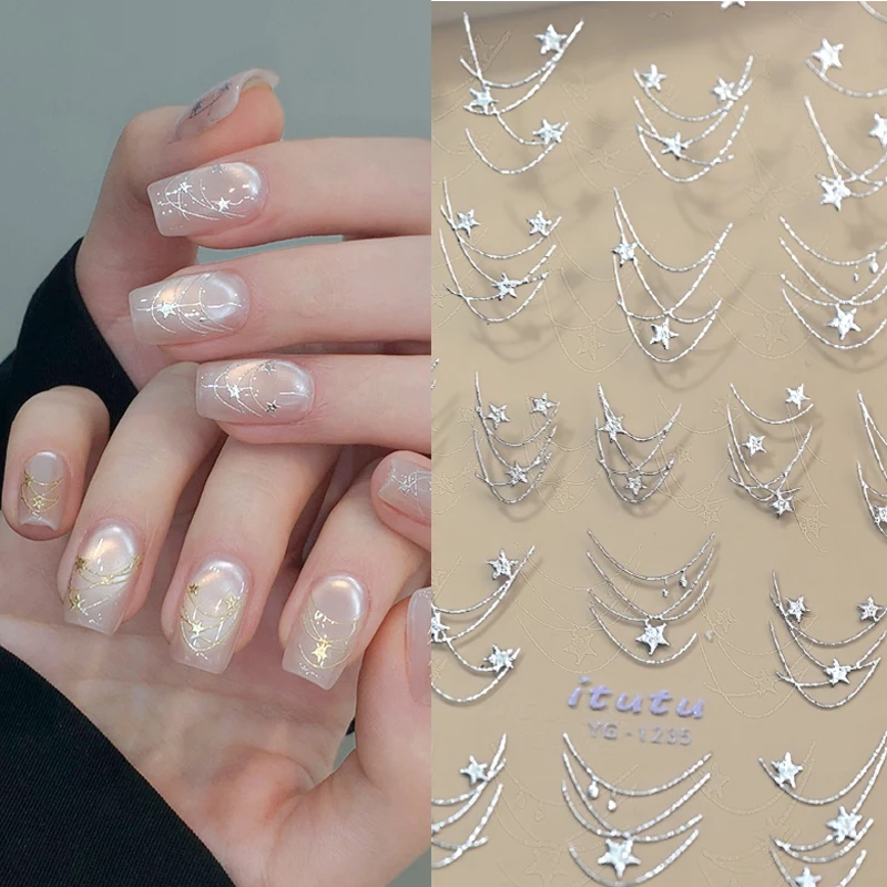 5 Stück 10x8 CM Gold Silber Sternverzierte Nagelaufkleber Unregelmäßige Französische Spitzen Minimalistische Linien Sternenhimmel Nageldekorationen Image