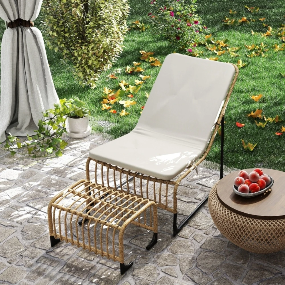 Fauteuil inclinable en rotin avec repose-pieds, chaise de jardin résistante aux UV avec sangles de fixation, chaise de jardin en rotin pour jardin, balcon, terrasse, bois naturel