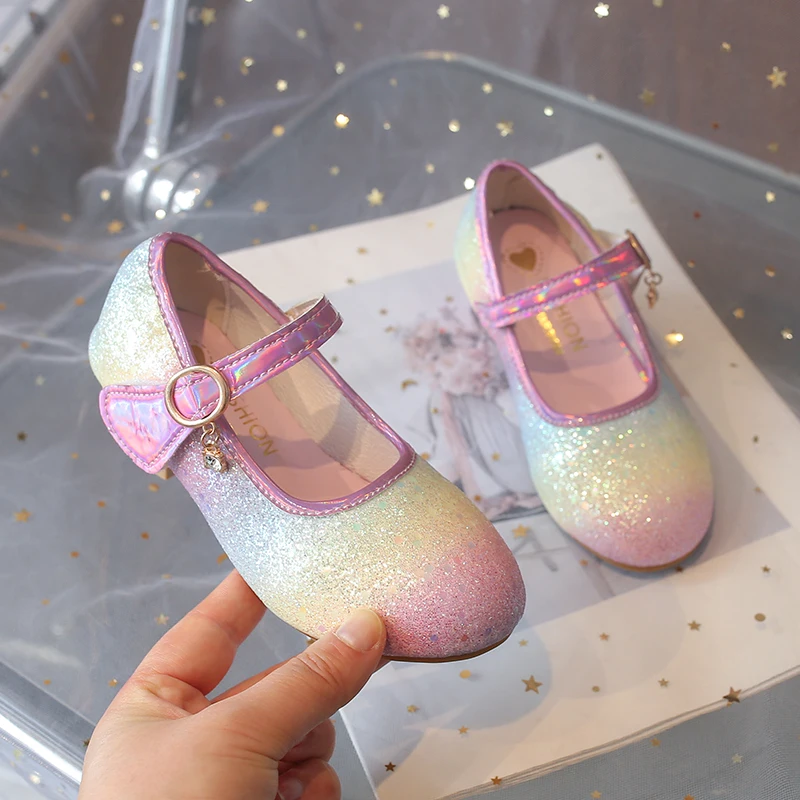 Frühling Herbst Kleinkind Mädchen Regenbogen Glitzer Niedrige Absätze Schleife Strass Schnalle Rutschfest für Party Hochzeit Tägliches Tragen Image