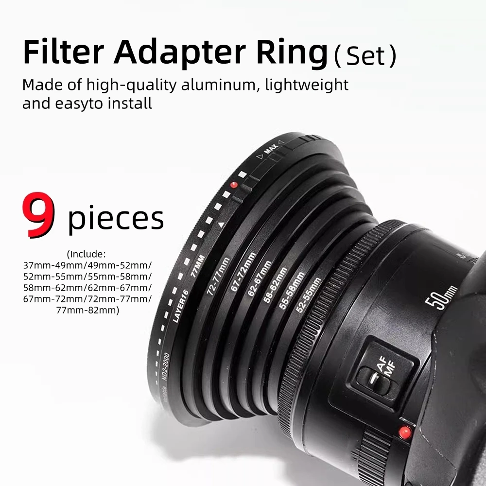 9-teiliges Kameraobjektiv-Filteradapterring-Set 37mm 49mm auf 52mm 55mm 58mm 62mm auf 67mm 72mm 77mm 82mm Step-Up-Ring-Set für UV CPL ND DSLR Image