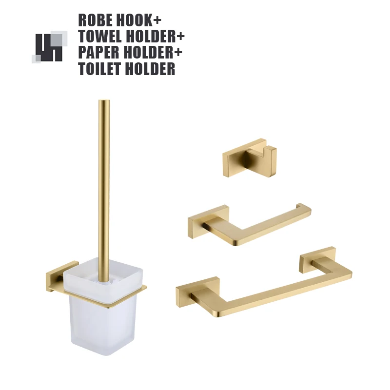 Ensemble d'accessoires de salle de bain en or brossé : Porte-brosse WC, Porte-papier toilette, Porte-serviettes, Porte-savon, Crochets et autres accessoires de quincaillerie