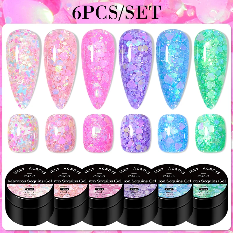 MEET ACROSS 6 Teile/satz 8 ml Macaron Glitter Pailletten Nagel Gel Polnisch Herz diamant Geformt Nart Kunst UV Gel Lack für Maniküre Image