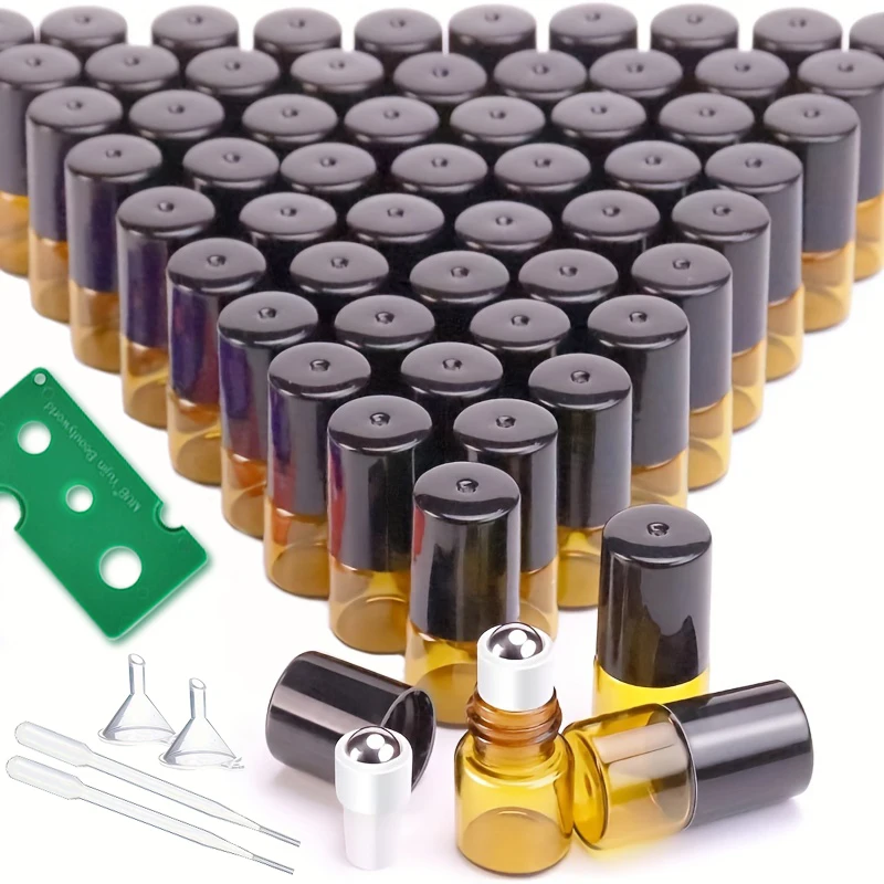 60-teiliges Set, 2/3/5/10 ml bernsteinfarbene Roll-on-Flaschen mit schwarzen Verschlüssen – Flaschen zum Abfüllen von ätherischen Ölen und Parfüms Image