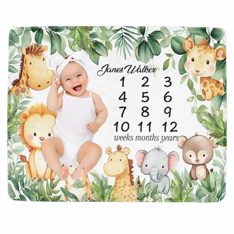VIKAMA Baby-Meilenstein-Decke mit Dschungeltier-Motiv, Aquarell-Safari-Tierdruck, Neugeborenen-Fotodecke für Kinderzimmer-Dekoration Image