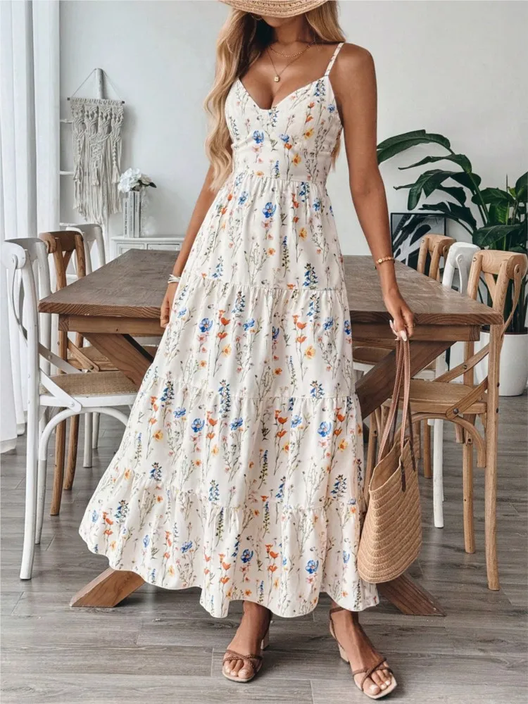 2026 Partykleider für Damen: Elegantes, ärmelloses Trägerkleid mit Blumenmuster im schlichten Stil für festliche Anlässe Image