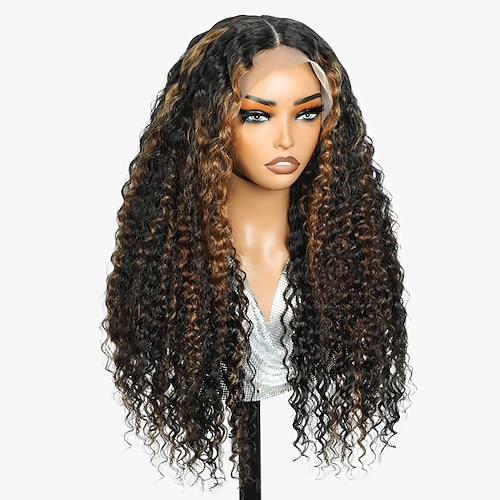 Remy Echthaar 13x6 Spitzenfront Perücke Freier Scheitel Brasilianisches Haar Lockig Schwarz Kastanienbraun Perücke 180% Haardichte Hervorgehobenes / Balayage-Haar Für Damen Lang Echthaar Image
