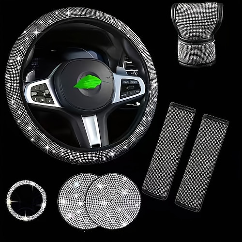 Glitzerndes Auto-Accessoires-Set für Damen, 8-teiliges Strass-Auto-Innenausstattungsset – funkelnder Lenkradbezug (15 Zoll), Kristall-Sicherheitsgurtbezüge, Schalthebel- und Handbremshebelbezug, Image