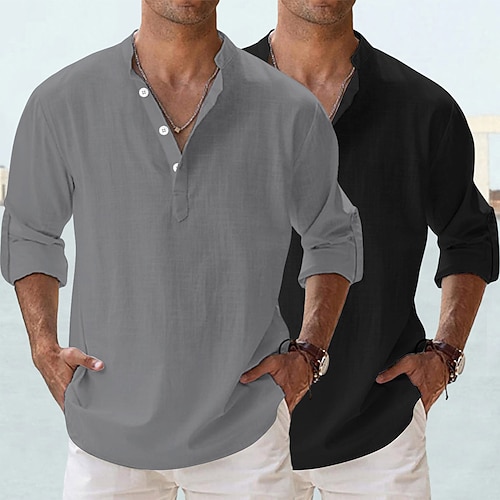 Herren Hemd Leinenhemd Sommerhemd Strandhemd Einfach Lässig Strand Grau Pink Orange Blau GrünKhaki Rosa Blau Langarm Henley Frühling Sommer Sommer Bekleidung Image