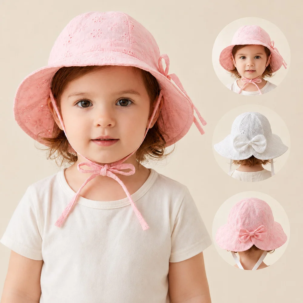 Prinzessinnen-Babyhut aus Baumwolle mit Schleife, Kinderhüte für Mädchen, Accessoires, Rosa Weiß, Süße Kindermütze, Säuglings-Sonnenhüte 1-3 Jahre Image