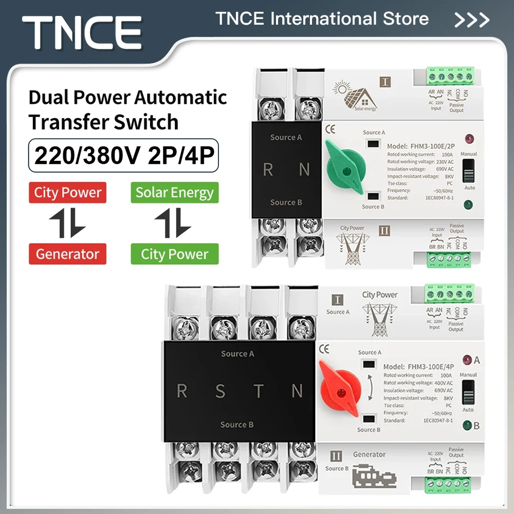 TNCE DIN-Schienen 2P/4P ATS Dual-Power Automatischer Transferschalter Elektrische Umschalter für unterbrechungsfreie Stromversorgung Ein-/Dreiphasig Image