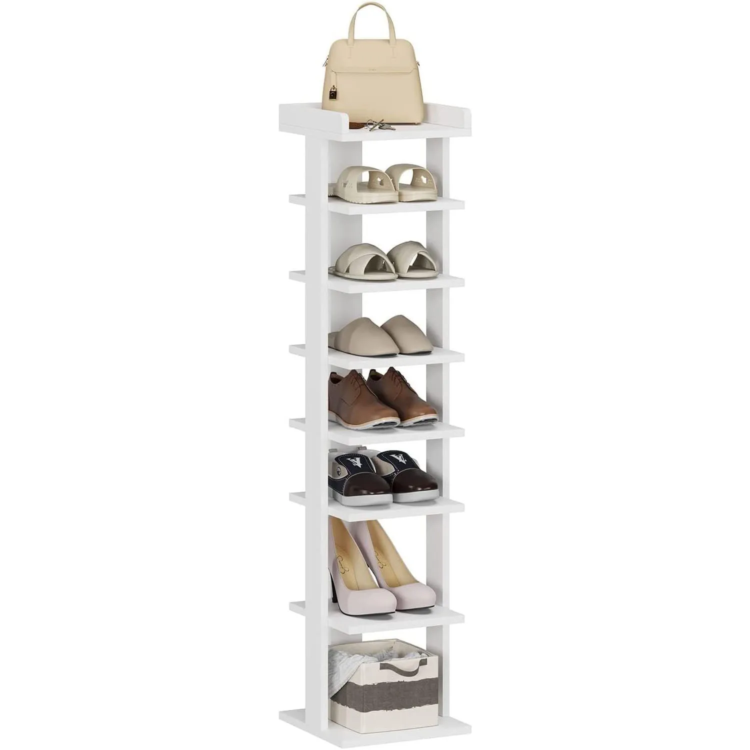 8-stöckiges freistehendes Schuhregal aus Holz in Weiß – Stabiler, platzsparender Schuh-Organizer für den Boden (24×24×120 cm), ideal für Flur, Eingangsbereich und Wohnung, robustes Aufbewahrungssystem