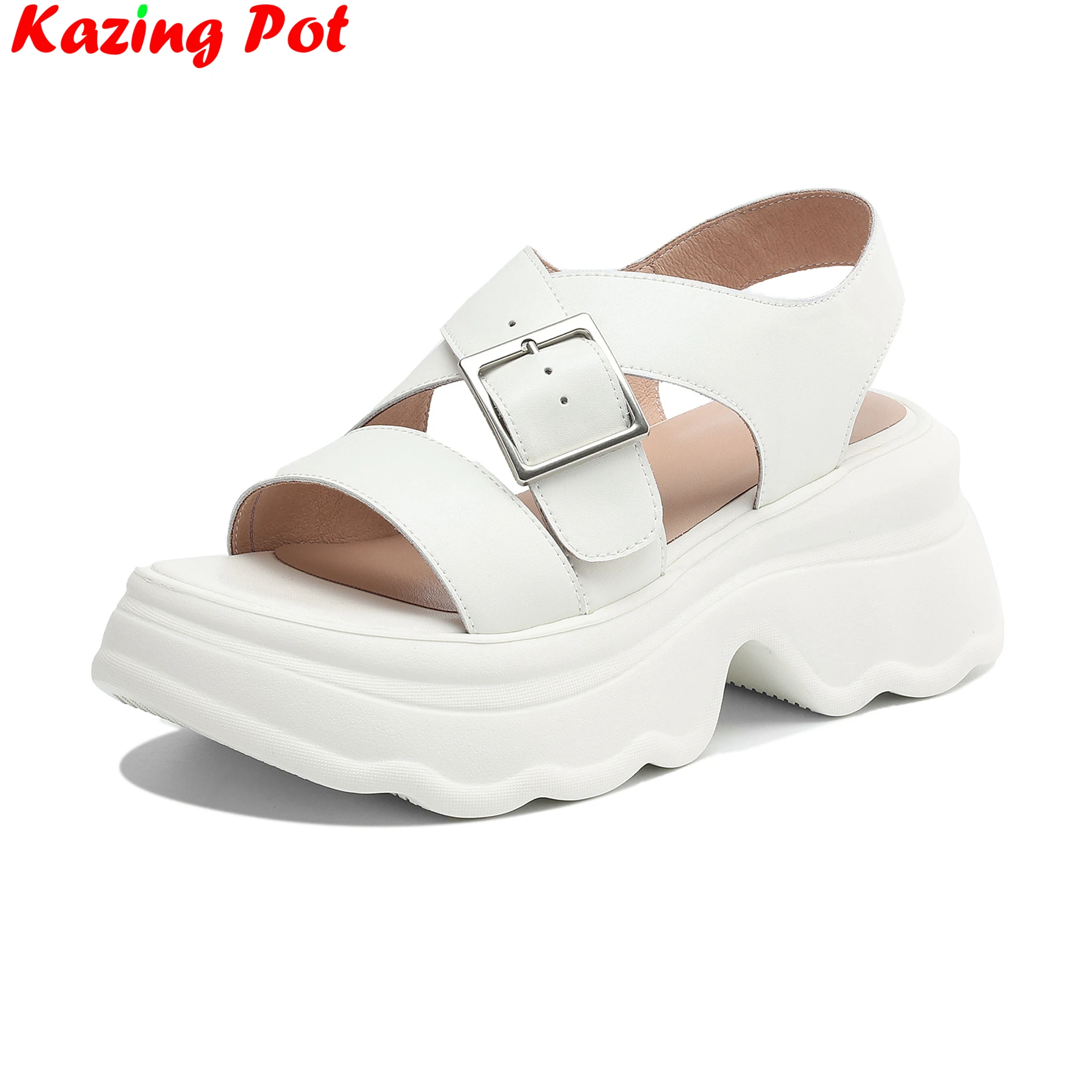Krazing Pot Kuh Haut Peep Toe High Heels Elegante Dicken Boden Sommer Schuhe Slingback Casual Dating Plattform Moderne Frauen Sandalen