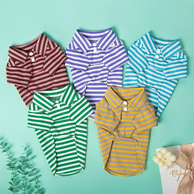 Sommerliches Baumwoll-Hundepolo-Shirt, gestreifte Haustierweste, Welpen-Pullover-Kostüm für Chihuahua, Bichon, Katzen Image
