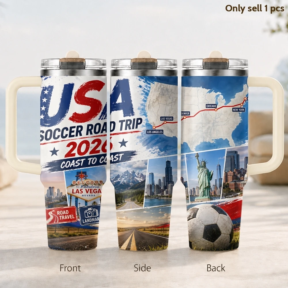 USA Soccer Road Trip 2026 Vakuum-Thermosflaschen 40oz 3. Generation Isolierter Edelstahl-Becher mit Griff und Strohhalm-Deckel als Geschenk Image